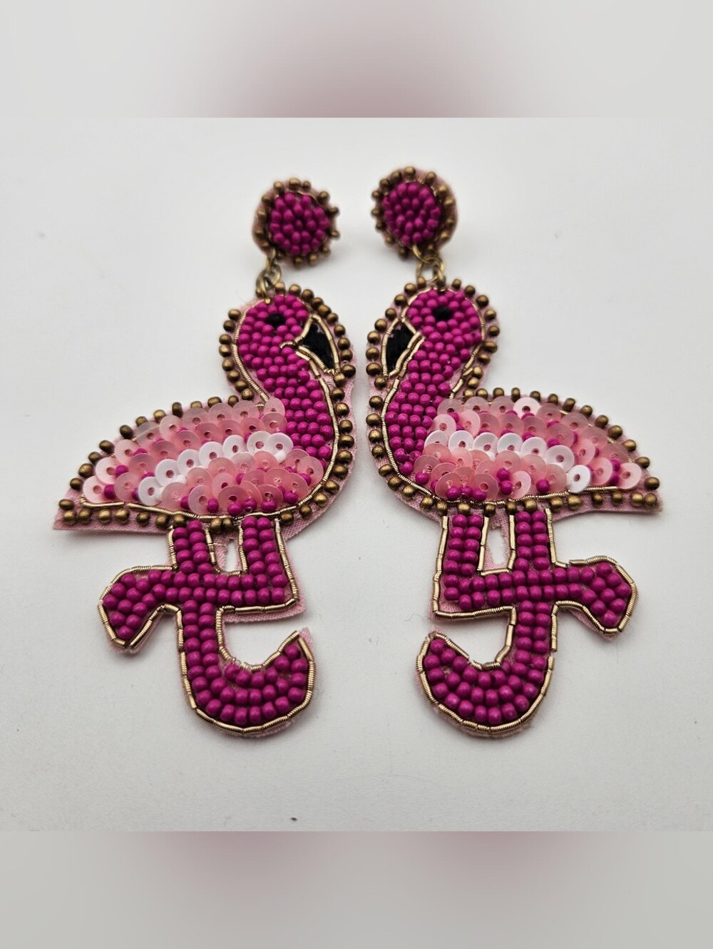 Beaded Flamingo Dangle Earrings Pink Sequin Statement Drop Post Jewelry Big 4"